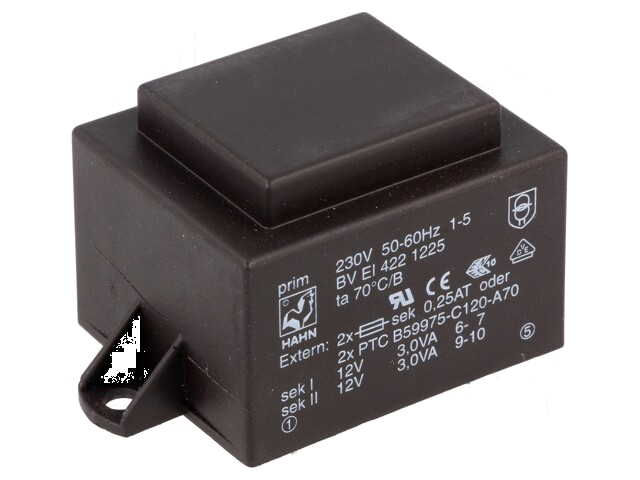 Transformator: ingegoten; 6VA; 230VAC; 12V; 12V; 250mA; 250mA; PCB Transformator: ingegoten; 6VA; 230VAC; 12V; 12V; 250mA; 250mA; PCB
